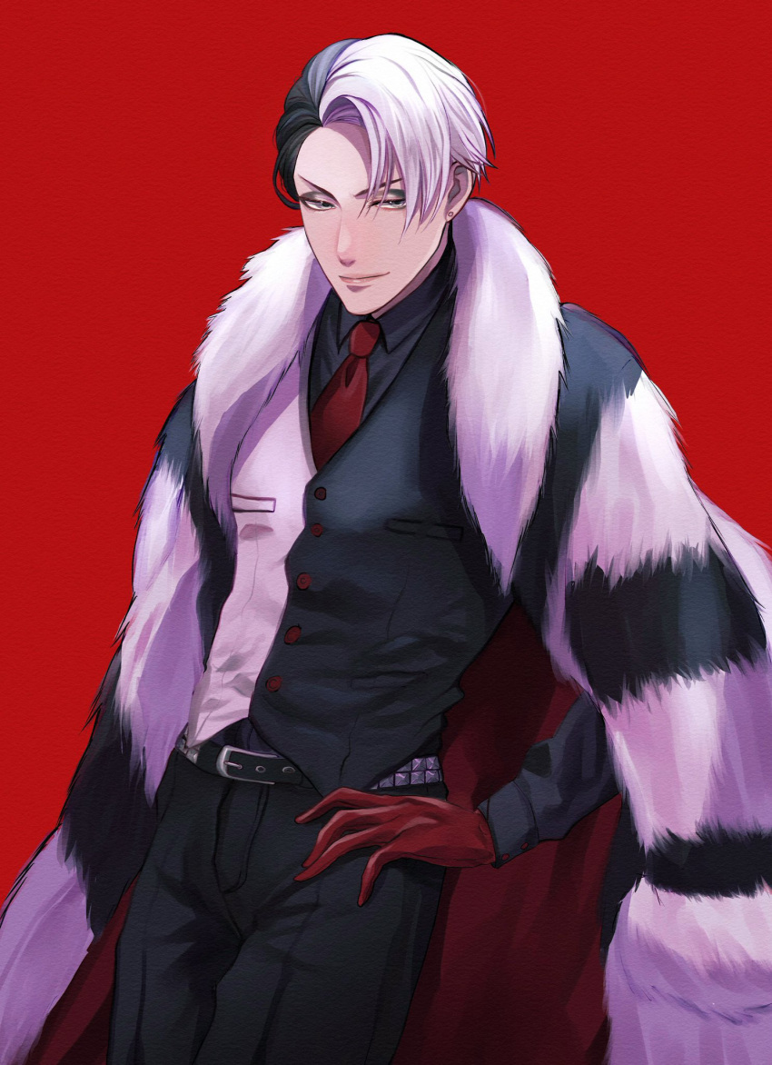1boy, black_hair, black_pants, black_shirt, cowboy_shot, divus_crewel, earrings, eyeshadow, fur_coat, fur_scarf, gloves, hand_on_own_hip, highres, jewelry, looking_at_viewer, makeup, male_focus, minatoya_mozuku, multicolored_hair, necktie, pants, red_background, red_gloves, red_necktie, shirt, short_hair, solo, standing, stud_earrings, twisted_wonderland, two-tone_hair, two-tone_vest, vest, white_hair