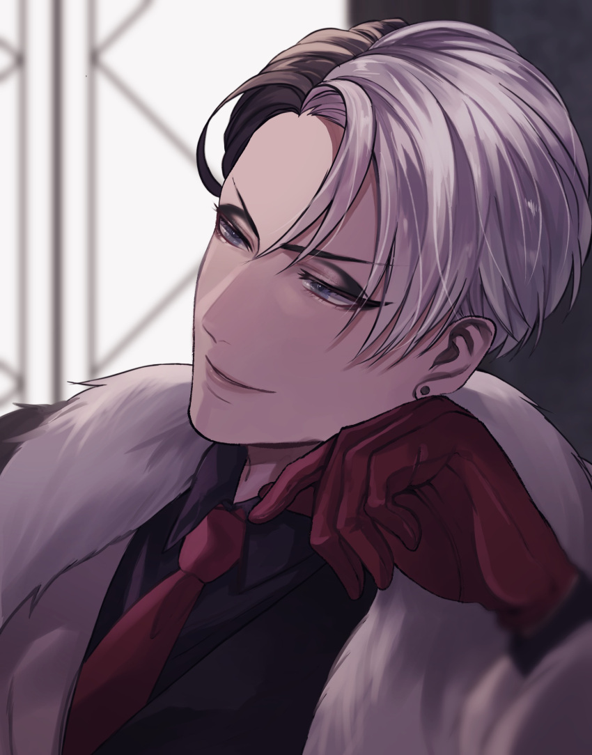 1boy, black_hair, black_shirt, divus_crewel, earrings, eyeshadow, fur_scarf, gloves