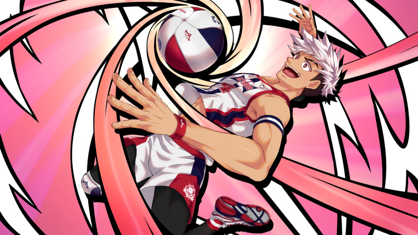 1boy, ball, black_leggings, collaboration, highres, jock_studio_(blits_games), leggings, looking_at_object, male_focus, mikkoukun, multicolored_footwear, nakajima_yuuto, non-web_source, official_art, open_mouth, pink_background, red_footwear, red_wristband, shirt, shorts, sleeveless, sleeveless_shirt, solo, sportswear, teeth, undercut, upper_teeth_only, variant_set, volleyball_(object), volleyball_uniform, white_footwear, white_hair, white_shirt, white_shorts, zamius
