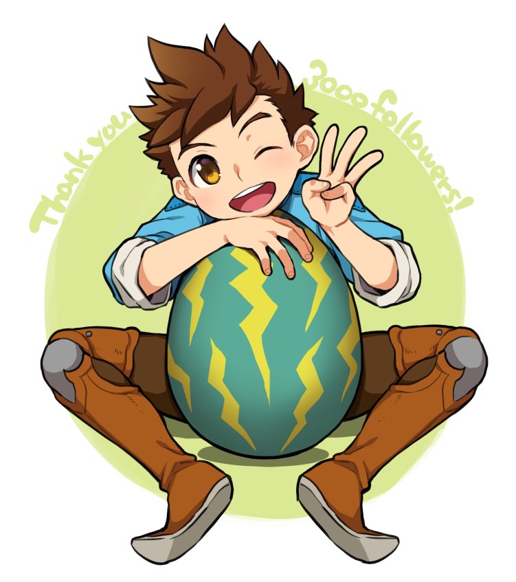 1boy, blue_shirt, boots, brown_footwear, brown_hair, brown_pants, egg, looking_at_viewer