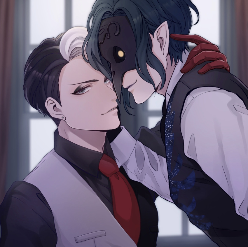 2boys, black_hair, black_vest, dire_crowley, divus_crewel, earrings, eyeshadow, gloves