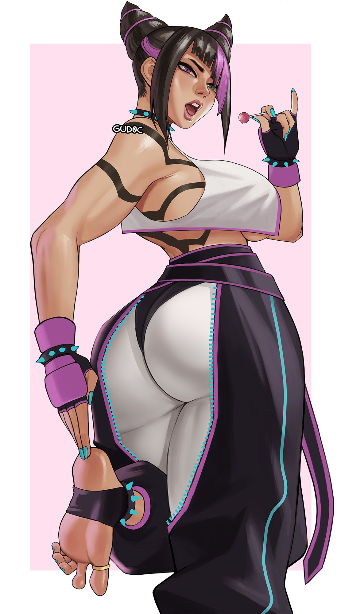1girl, artist_name, ass, baggy_pants, belt, black_belt, black_gloves, black_hair