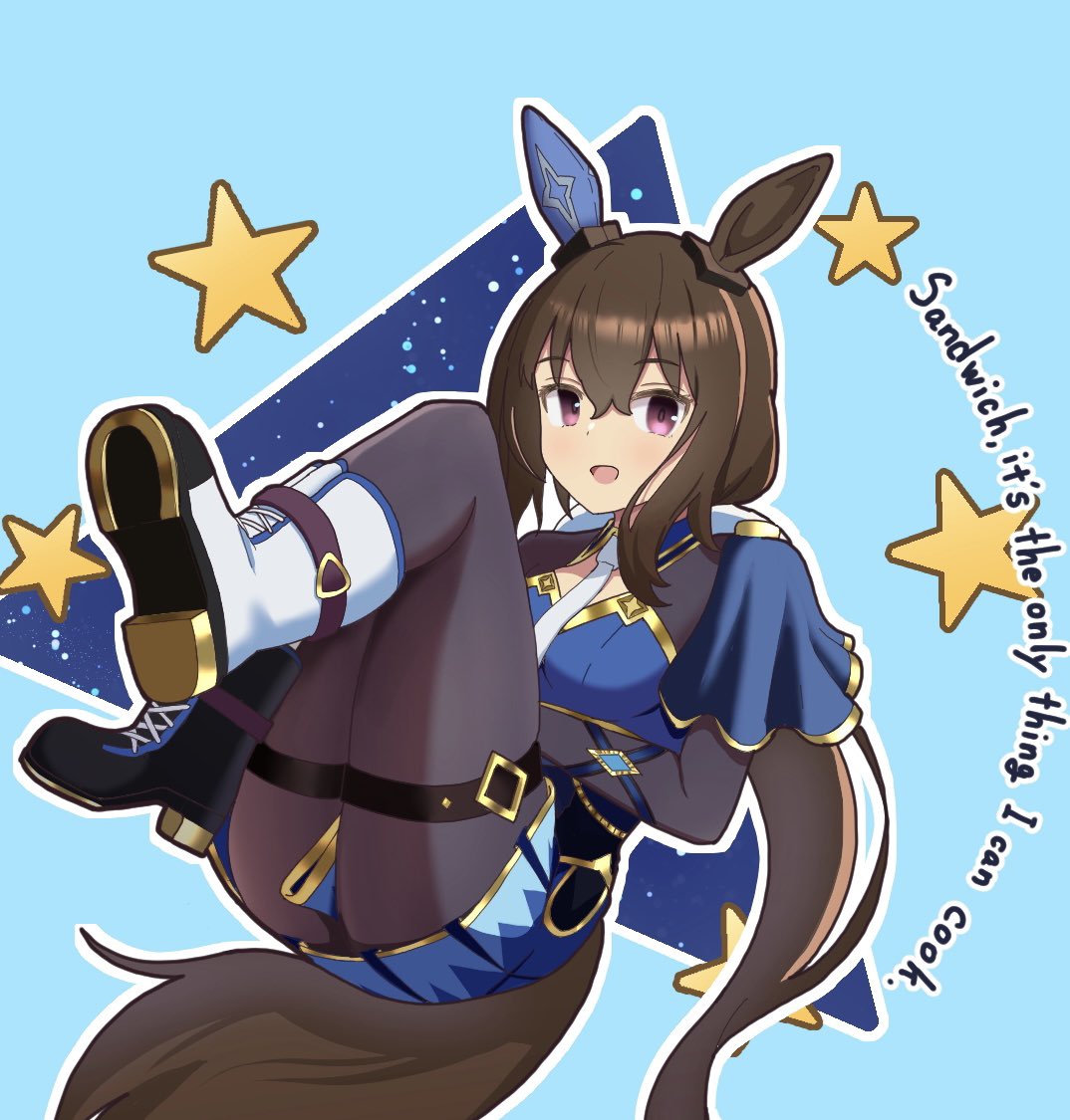 1girl, :d, admire_vega_(umamusume), animal_ears, ankle_boots, asymmetrical_footwear, black_footwear, black_pantyhose, blue_background, blue_skirt, bonchenpint, boots, brown_hair, cross-laced_footwear, ear_covers, english_text, hair_between_eyes, hair_ribbon, horse_ears, horse_girl, horse_tail, lace-up_boots, long_hair, long_sleeves, looking_at_viewer, low_ponytail, mismatched_footwear, necktie, pantyhose, ribbon, simple_background, single_ear_cover, skirt, smile, solo, tail, umamusume, violet_eyes, white_footwear, white_necktie, white_ribbon