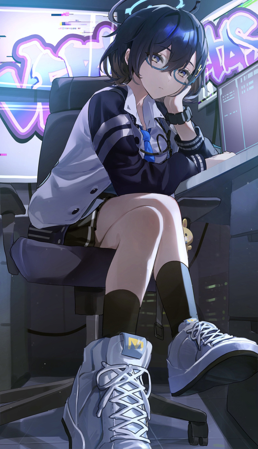 1girl, absurdres, black_hair, blue_archive, blue_eyes, blue_necktie, cheek_rest, chihiro_(blue_archive)