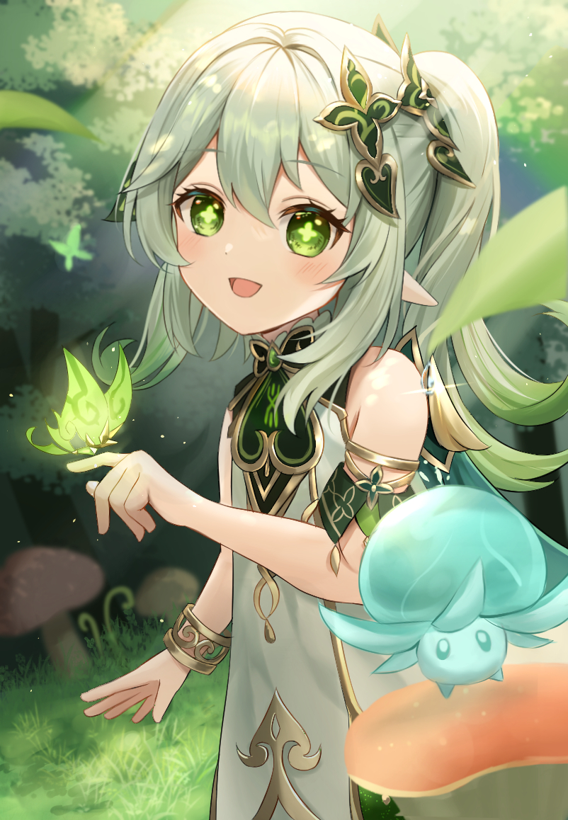 1girl, 1other, crystalfly_(genshin_impact), dress, fungi_(genshin_impact), genshin_impact, gradient_hair, green_eyes