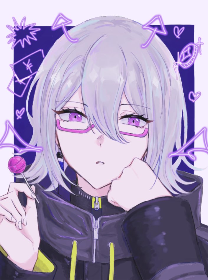 1other, candy, commentary_request, drawn_horns, drawn_wings, food, glasses, grey_hair
