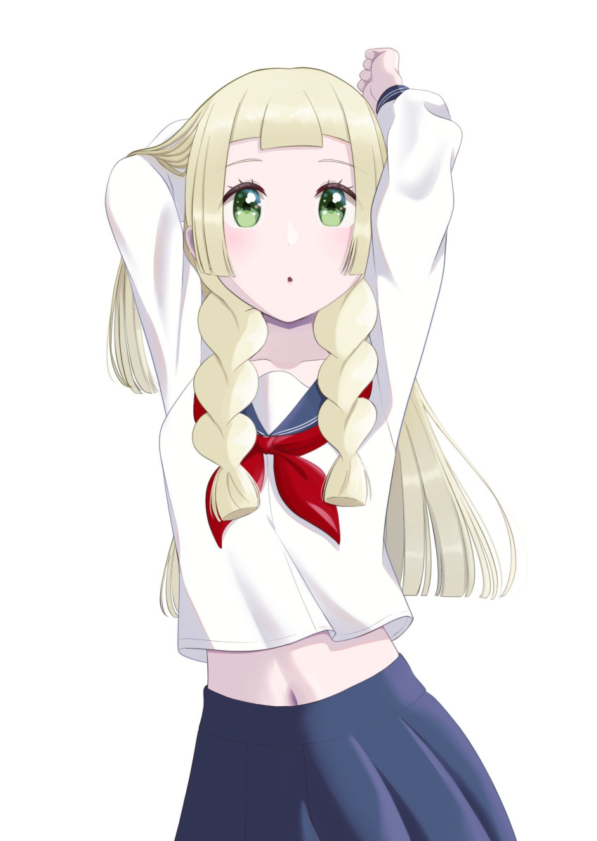 1girl, arms_up, blonde_hair, blue_skirt, clenched_hand, green_eyes, highres, lillie_(pokemon)