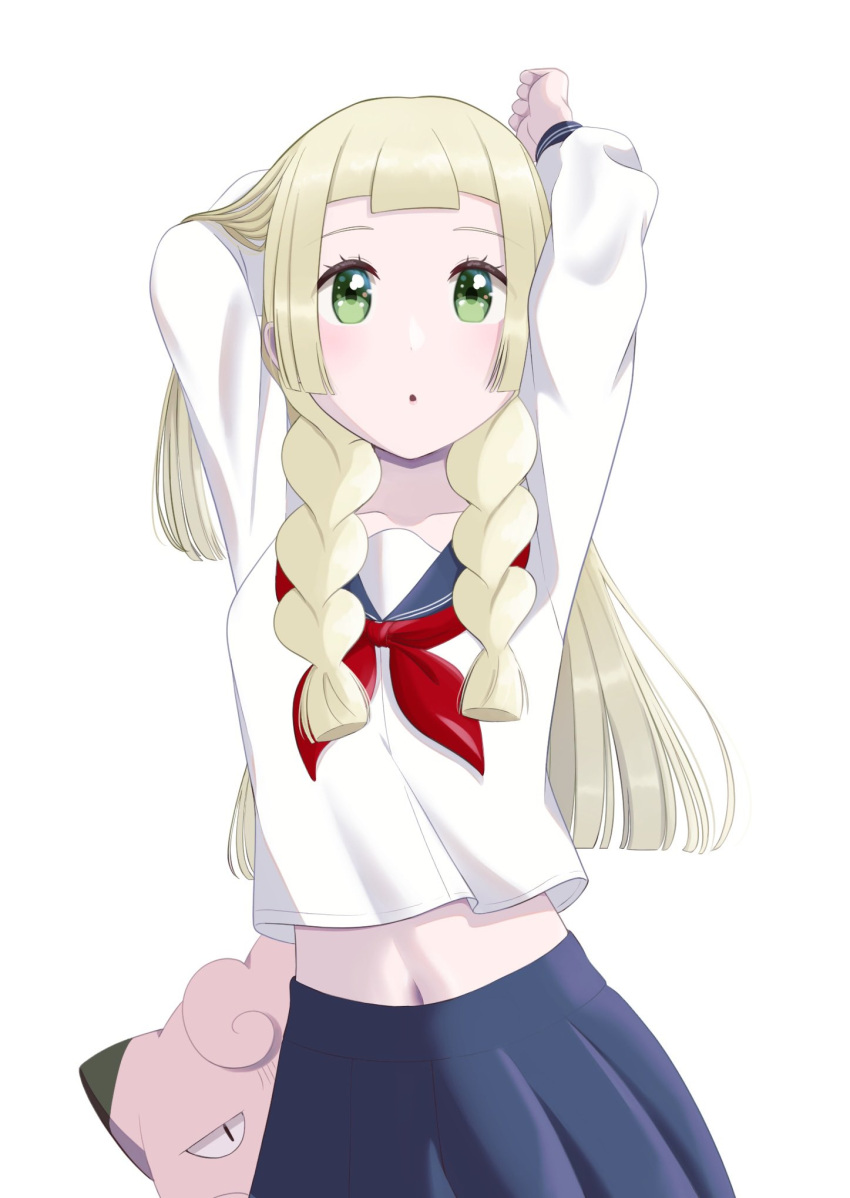 1girl, arms_up, blonde_hair, blue_skirt, braid, clefairy, clenched_hand, green_eyes