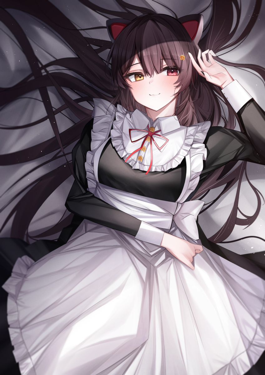 1girl, absurdres, animal_ears, apron, black_dress, blush, brown_hair, closed_mouth, dog_ears, dog_girl, dress, frilled_apron, frills, hair_ornament, heterochromia, highres, inui_toko, long_hair, long_sleeves, lying, maid, maid_apron, maid_headdress, nijisanji, on_back, puffy_sleeves, red_eyes, simoxia, smile, solo, virtual_youtuber, white_apron, yellow_eyes