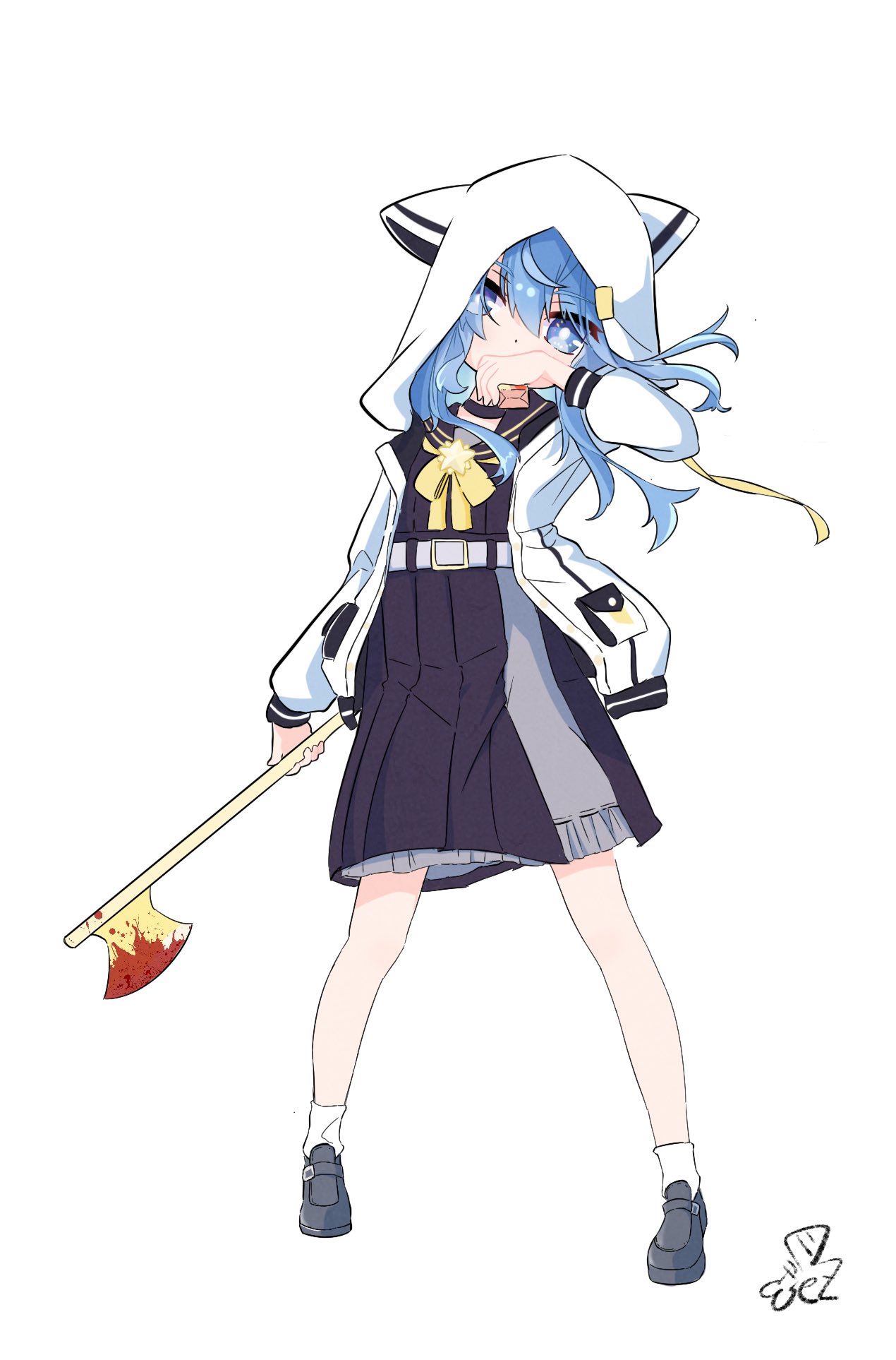 1girl, animal_hood, arm_at_side, axe, belt, black_choker, black_footwear, black_sailor_collar