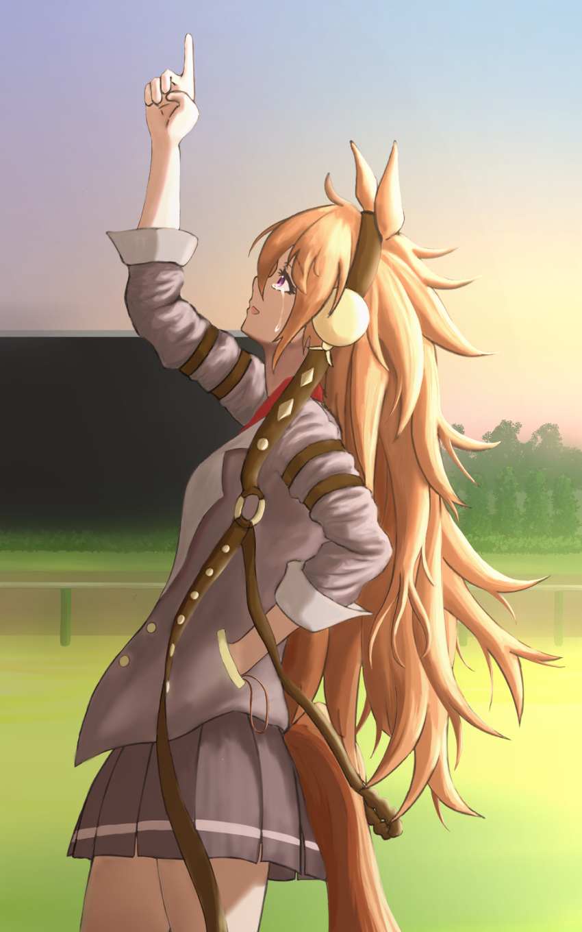 1girl, animal_ears, arima_kinen, banzaibanzaibanzai, commentary, cowboy_shot, crying, from_side