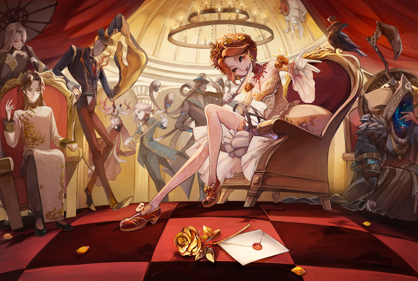 3girls, 6+boys, absurdres, analog_clock, antonio_(identity_v), arm_tattoo, armchair, arthropod_girl