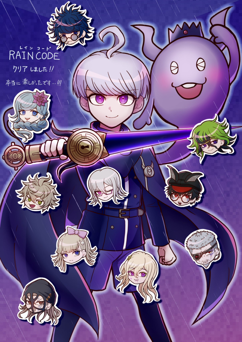 4girls, 6+boys, :d, ahoge, belt, black-framed_eyewear, black_belt, black_cape