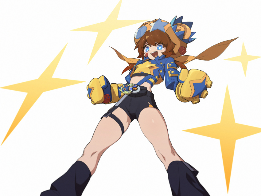 1girl, animal_ears, bear_ears, bike_shorts, black_footwear, blue_eyes, boxing_gloves, brown_hair