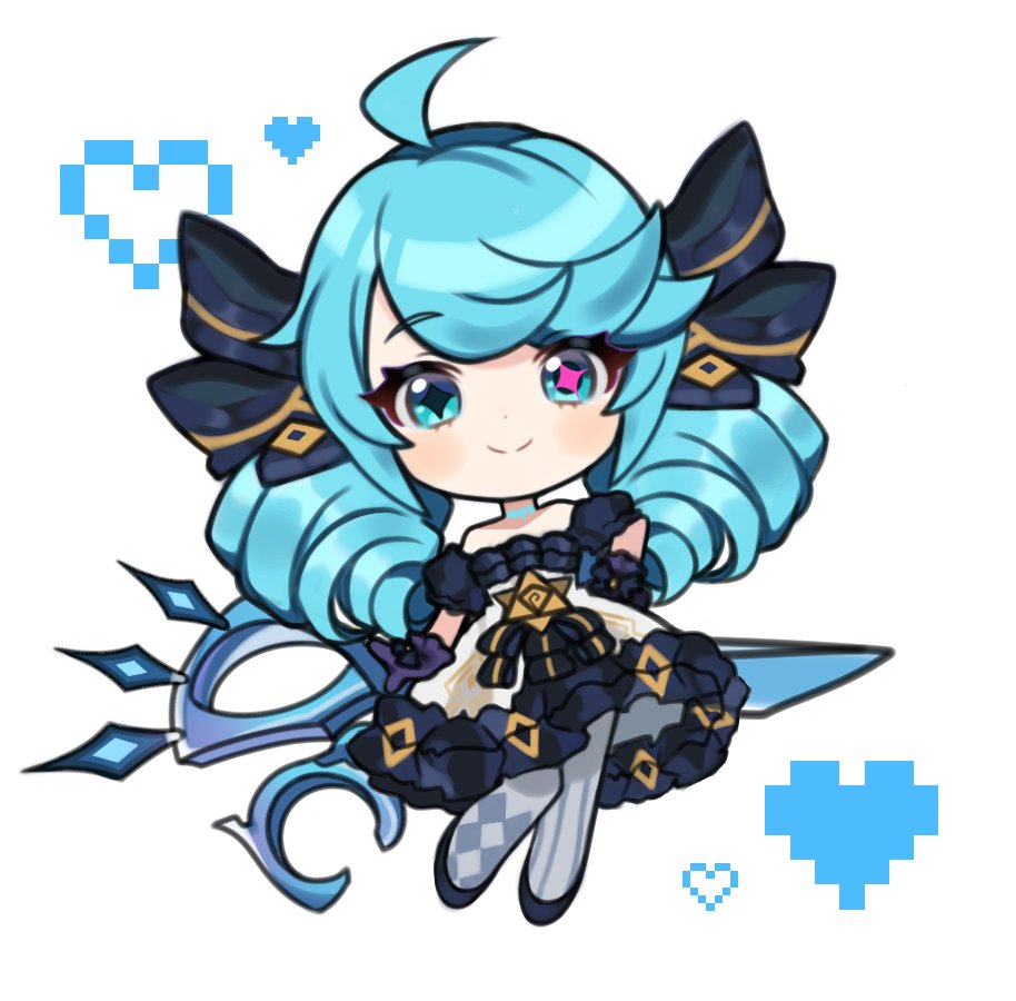 1girl, ahoge, bare_shoulders, black_bow, black_dress, black_footwear, black_gloves, blue_background, bow, chibi, detached_sleeves, dress, drill_hair, gloves, green_eyes, green_hair, gwen_(league_of_legends), hair_bow, league_of_legends, long_hair, looking_at_viewer, off_shoulder, pantyhose, scissors, smile, solo, swept_bangs, taeseog_(jts_lol), twin_drills, twintails, white_background, white_dress