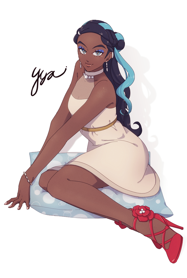 1girl, animal_ears, black_hair, blue_eyes, blue_eyeshadow, blue_hair, bracelet, breasts, commentary, dark-skinned_female, dark_skin, dress, earrings, english_commentary, eyeshadow, full_body, hair_bun, halterneck, hanpetos, high_heels, jewelry, makeup, nessa_(pokemon), photo-referenced, pillow, pokemon, pokemon_(game), pokemon_swsh, signature, single_hair_bun, sitting, small_breasts, smile, solo, very_dark_skin, white_dress, yokozuwari