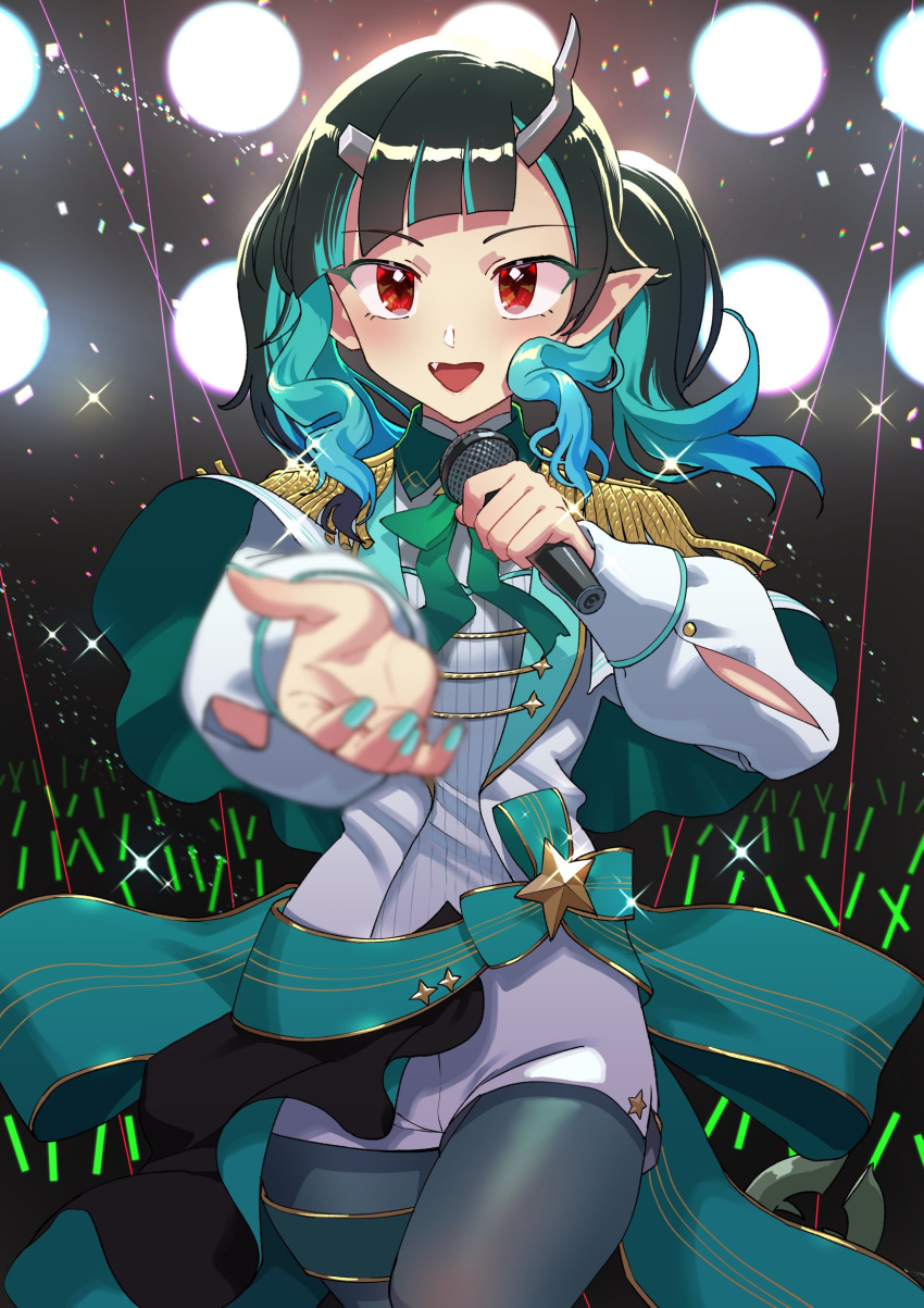 1girl, absurdres, audience, back_bow, black_hair, blazer, blue_bow, blue_hair