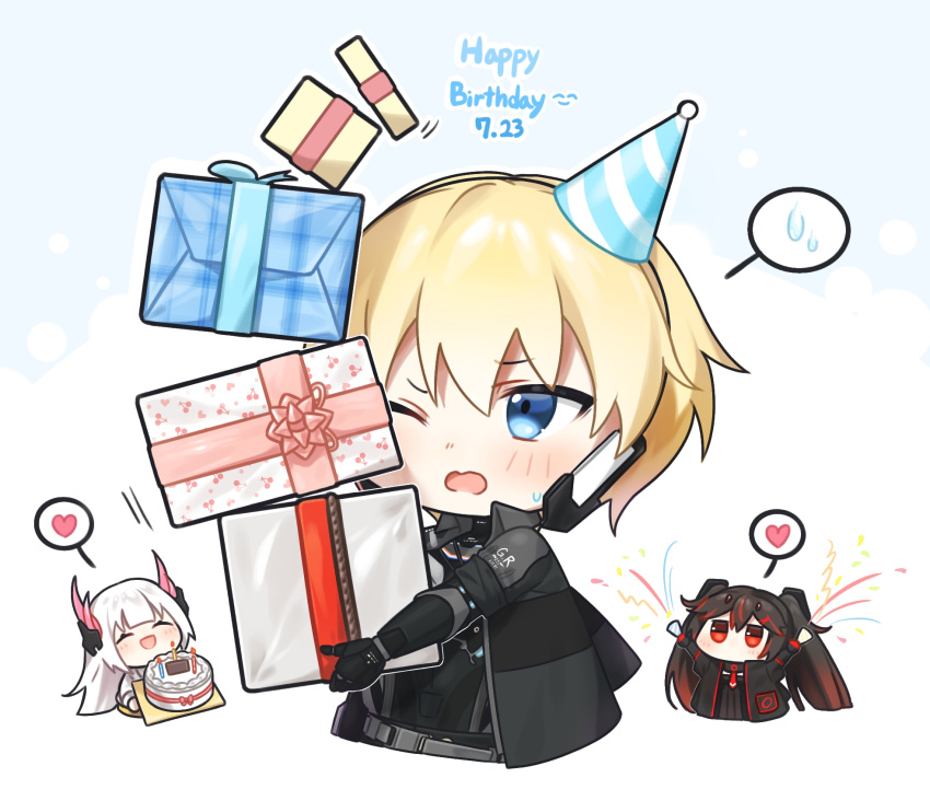 123ab456c, 1boy, 2girls, birthday_cake, black_bodysuit, black_hair, black_jacket, black_shirt