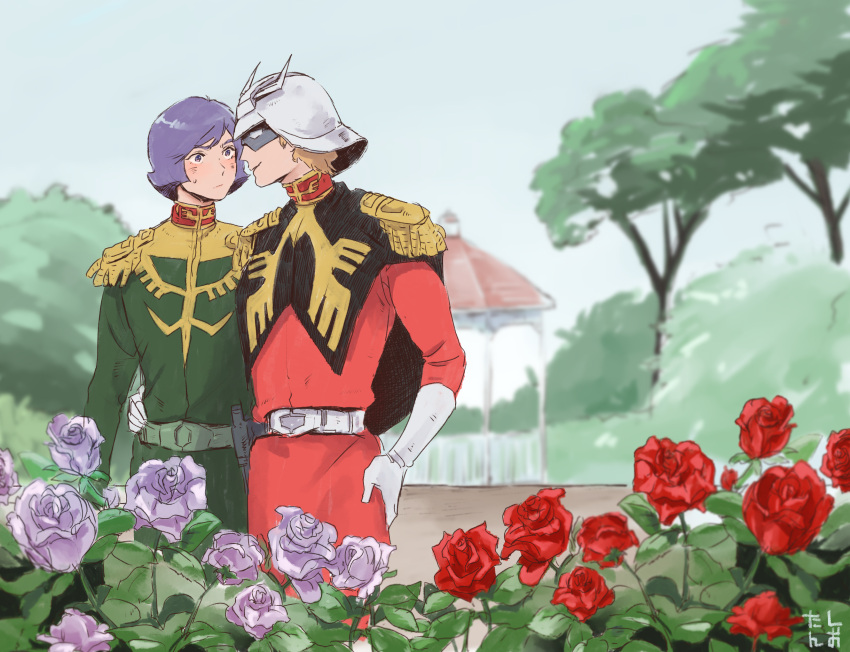 2boys, arm_around_waist, artist_name, belt, blonde_hair, blue_sky, blush, cape