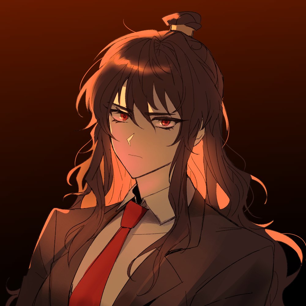 1girl, black_jacket, brown_hair, closed_mouth, collared_shirt, hair_bun, jacket, jajeon_liu, library_of_ruina, long_hair, long_sleeves, looking_at_viewer, necktie, project_moon, red_eyes, red_necktie, shirt, sidelocks, solo, upper_body, very_long_hair, white_shirt, wing_collar, xiao_(library_of_ruina)