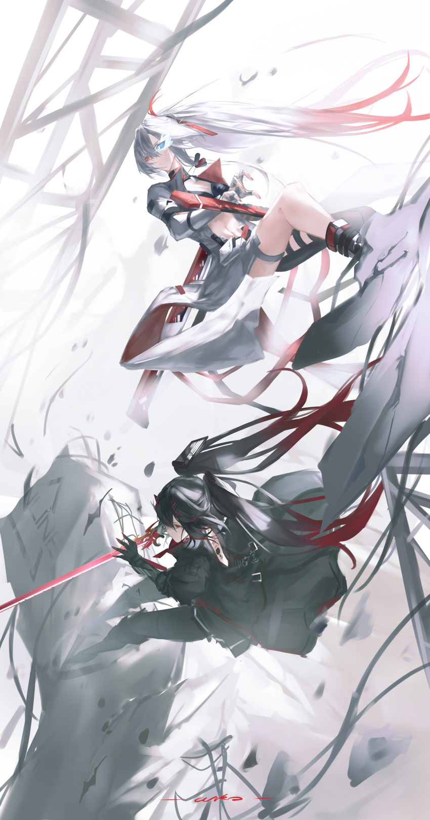 1056153842, 2girls, absurdres, alpha_(punishing:_gray_raven), asymmetrical_legwear, backless_jacket, black_bra, black_hair