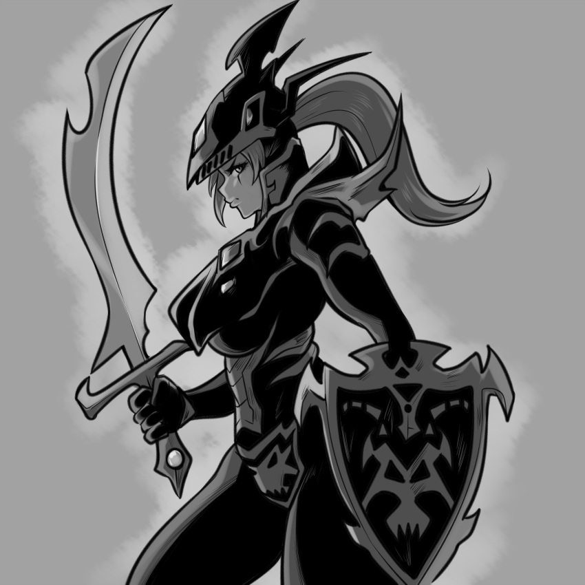 1girl, absurdres, aldharoku, angry, armor, black_luster_soldier, breastplate, breasts, closed_mouth, cowboy_shot, duel_monster, from_side, full_armor, grey_background, helmet, highres, holding, holding_shield, holding_sword, holding_weapon, large_breasts, long_hair, ponytail, profile, serious, shield, sideways_glance, solo, sword, weapon, yu-gi-oh!