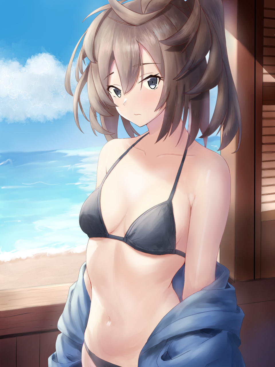 1girl, beach, bikini, black_bikini, blue_eyes, blue_jacket, blue_sky, brown_hair