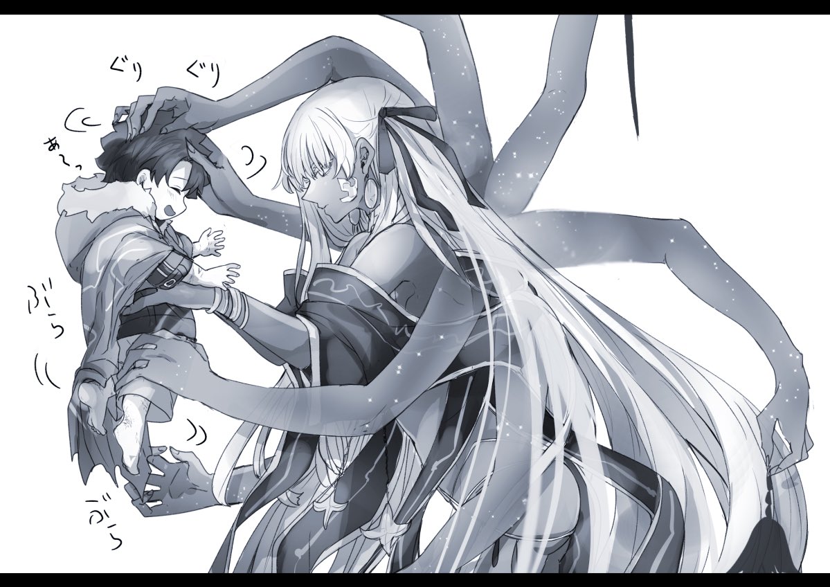 1boy, 1girl, cloak, closed_eyes, earrings, extra_arms, fate/grand_order, fate_(series)