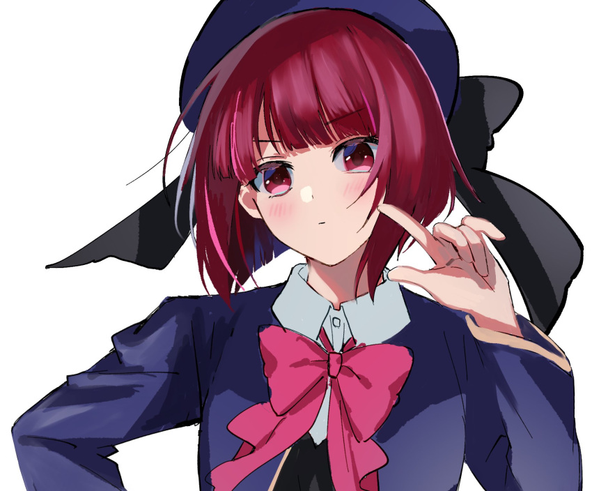 arima_kana, blue_headwear, blue_jacket, closed_mouth, d_twt_b, hat, hat_ribbon, highres, jacket, light_blush, looking_at_viewer, oshi_no_ko, pink_ribbon, red_eyes, redhead, ribbon, school_uniform, short_hair, unhappy, youtou_high_school_uniform