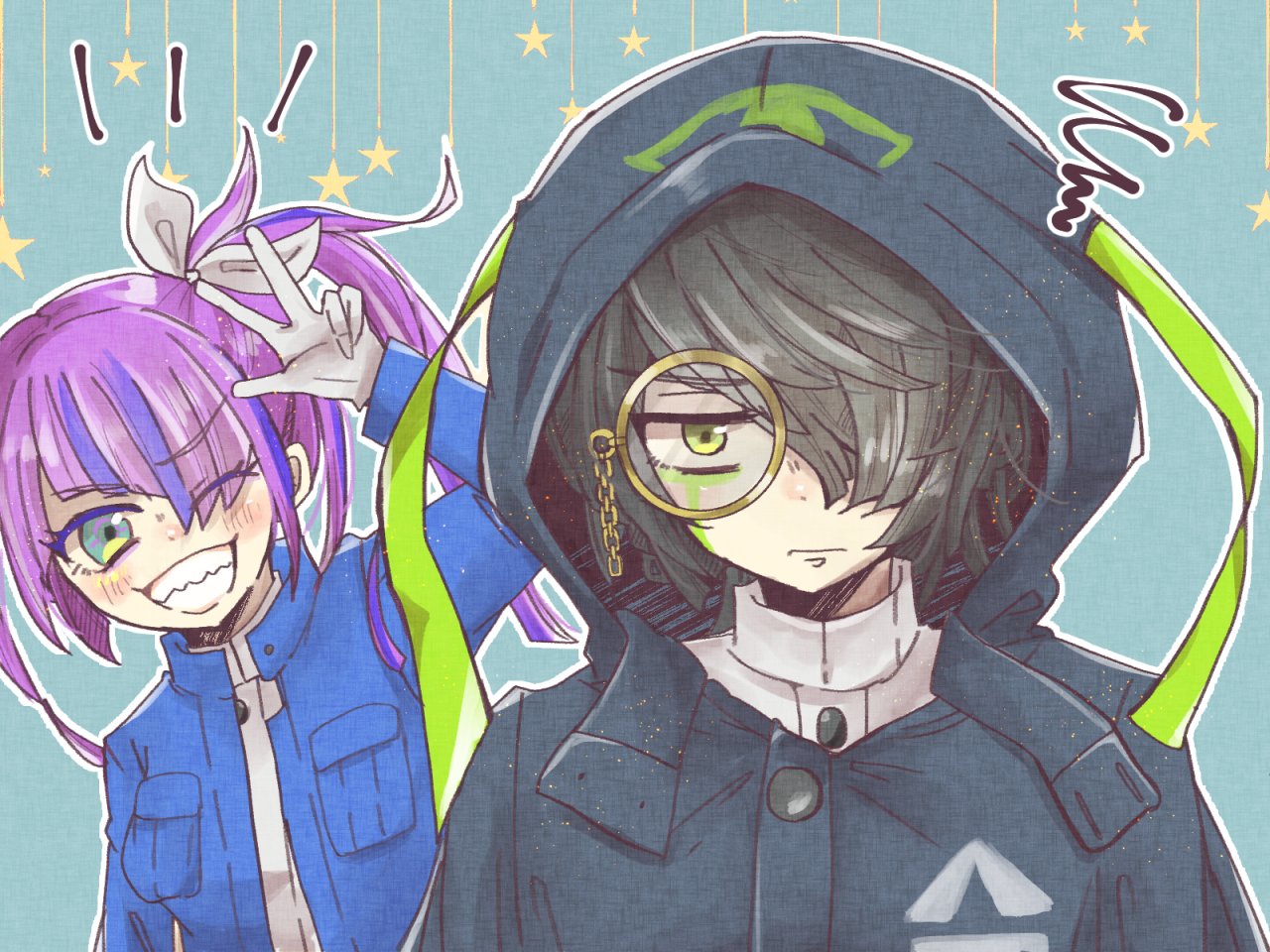 1boy, 1girl, blue_background, blue_cloak, blue_eyes, blue_jacket, bow, breast_pocket