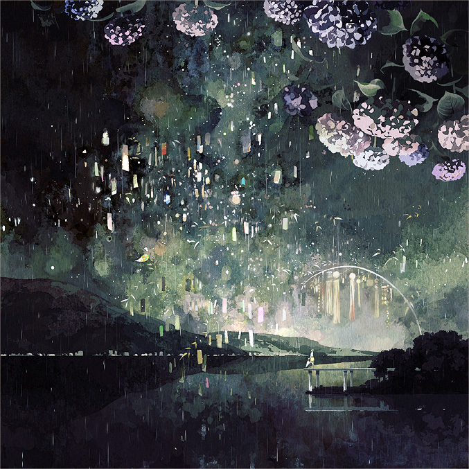 abstract, flower, kumaori_jun, landscape, original, pier, rain, tanabata, tanzaku, water