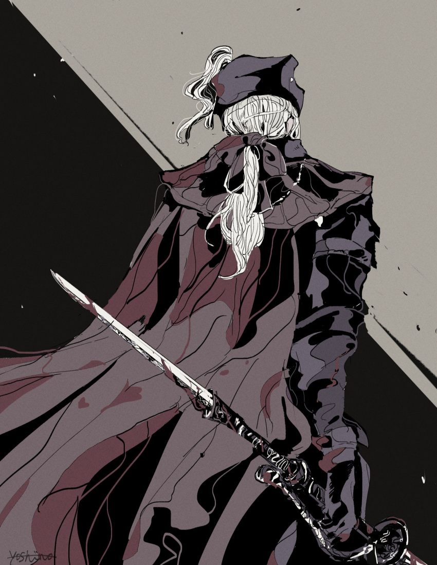 1girl, absurdres, black_cape, blood, blood_on_clothes, bloodborne, cape, coat