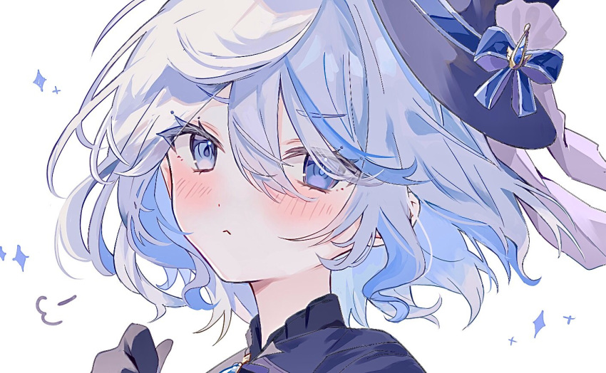 1girl, :<, black_gloves, blue_eyes, blue_hair, blue_headwear, bow, closed_mouth, furina_(genshin_impact), genshin_impact, gloves, haruta_333_x, hat, hat_bow, looking_at_viewer, medium_hair, mismatched_pupils, multicolored_hair, portrait, simple_background, solo, streaked_hair, symbol-shaped_pupils, top_hat, wavy_hair, white_background