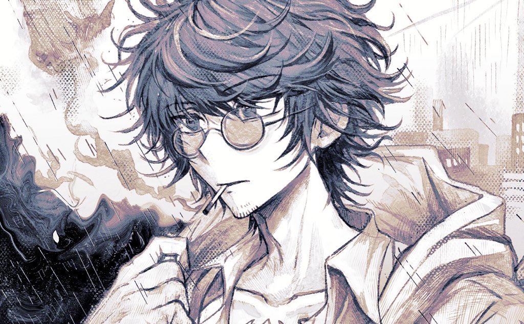 1boy, blue_eyes, blue_hair, cigarette, closed_mouth, collared_shirt, commentary_request, facial_hair, glasses, hand_up, hashi_(84_rainco), hood, hood_down, limited_palette, male_focus, master_detective_archives:_rain_code, messy_hair, rain, round_eyewear, shirt, short_hair, smoke, smoking, solo, stubble, tinted_eyewear, upper_body, yakou_furio