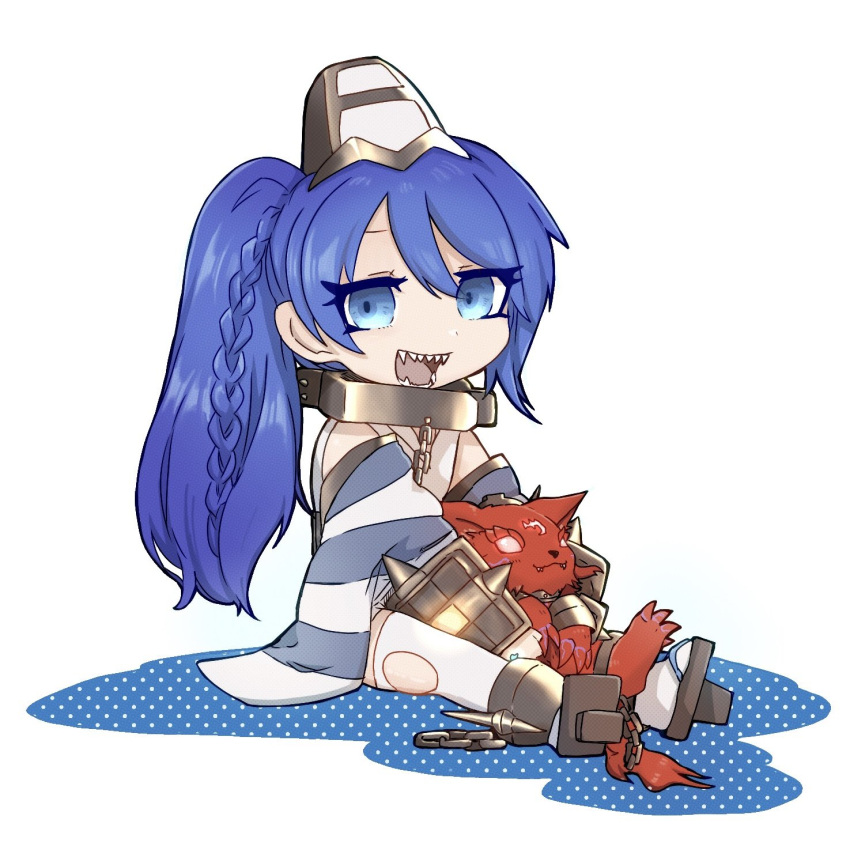 1girl, animal, blue_eyes, blue_hair, chain, chibi, collar, detached_sleeves