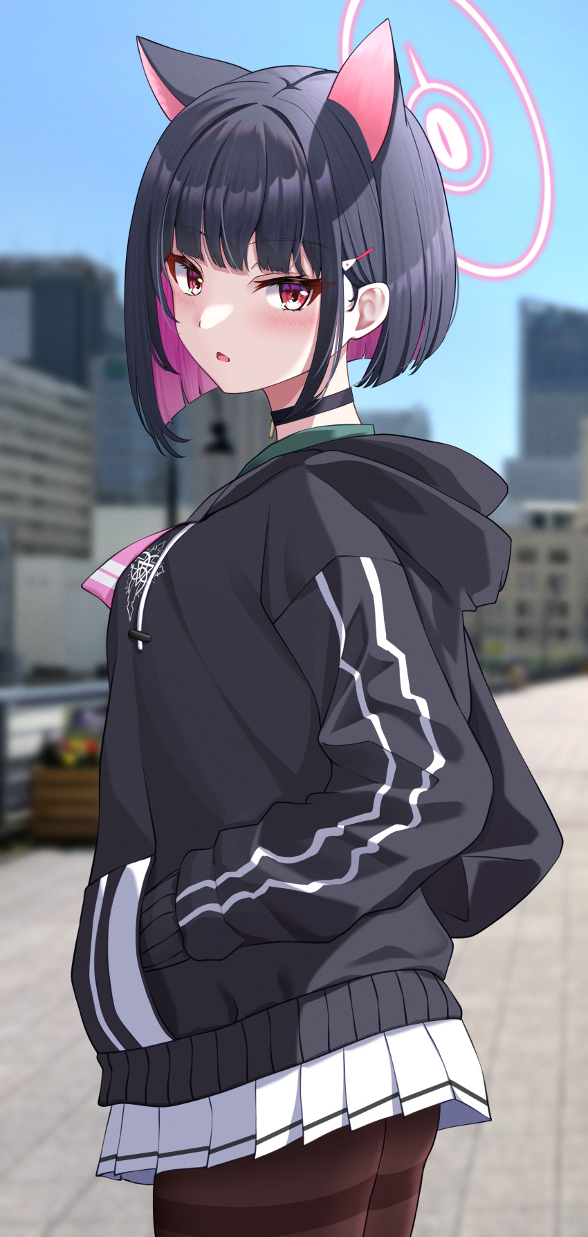 1girl, absurdres, animal_ears, black_choker, black_hair, black_jacket, blue_archive, blunt_bangs