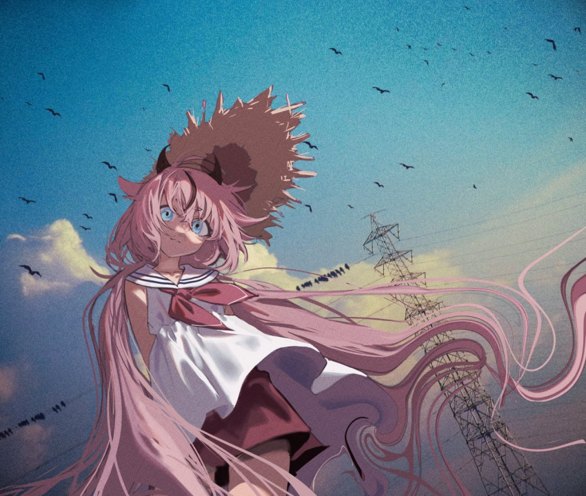 1girl, absurdly_long_hair, arms_behind_back, black_hair, blue_eyes, blue_sky, closed_mouth, collarbone