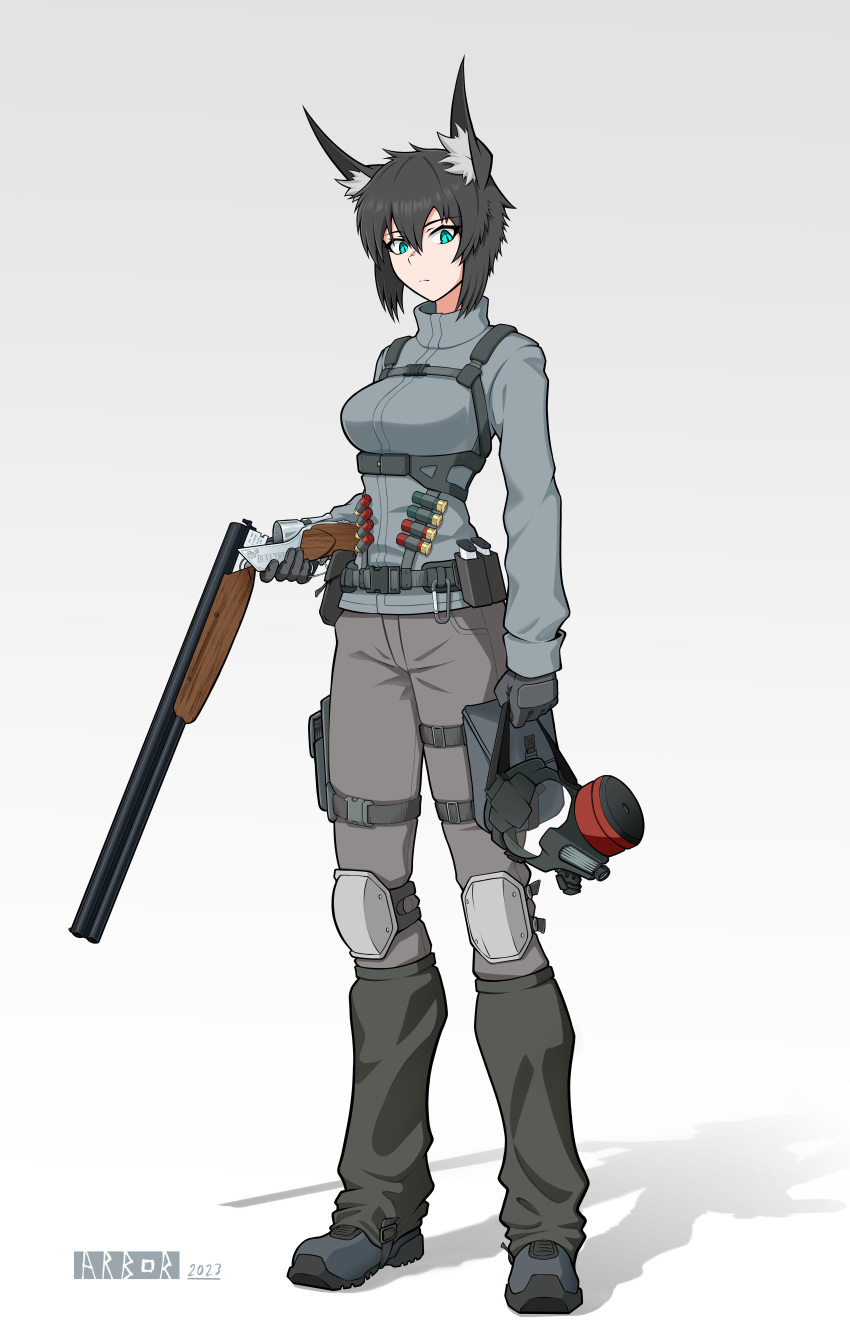 1girl, absurdres, animal_ears, arbor_spirit, artist_name, black_hair, breasts, double-barreled_shotgun
