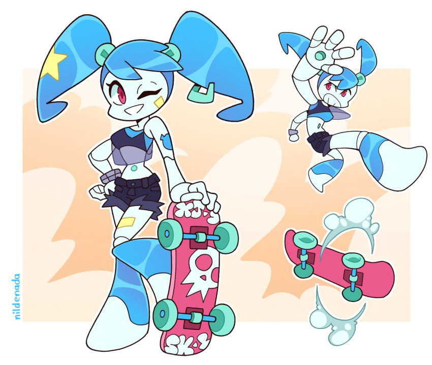 1girl, aqua_hair, bandaid, bandaid_on_face, black_shorts, blue_hair, clenched_teeth, crop_top, cutoffs, denim, denim_shorts, hand_on_own_hip, holding, holding_skateboard, jenny_wakeman, joints, kickflip, light_blue_hair, looking_at_viewer, midriff, my_life_as_a_teenage_robot, navel, nildenada, one_eye_closed, orange_background, red_eyes, robot_girl, robot_joints, see-through, see-through_shirt, shorts, skateboard, skateboarding, smile, sticker, sticker_on_arm, sticker_on_hair, teenage, teeth, tomboy, urban, young