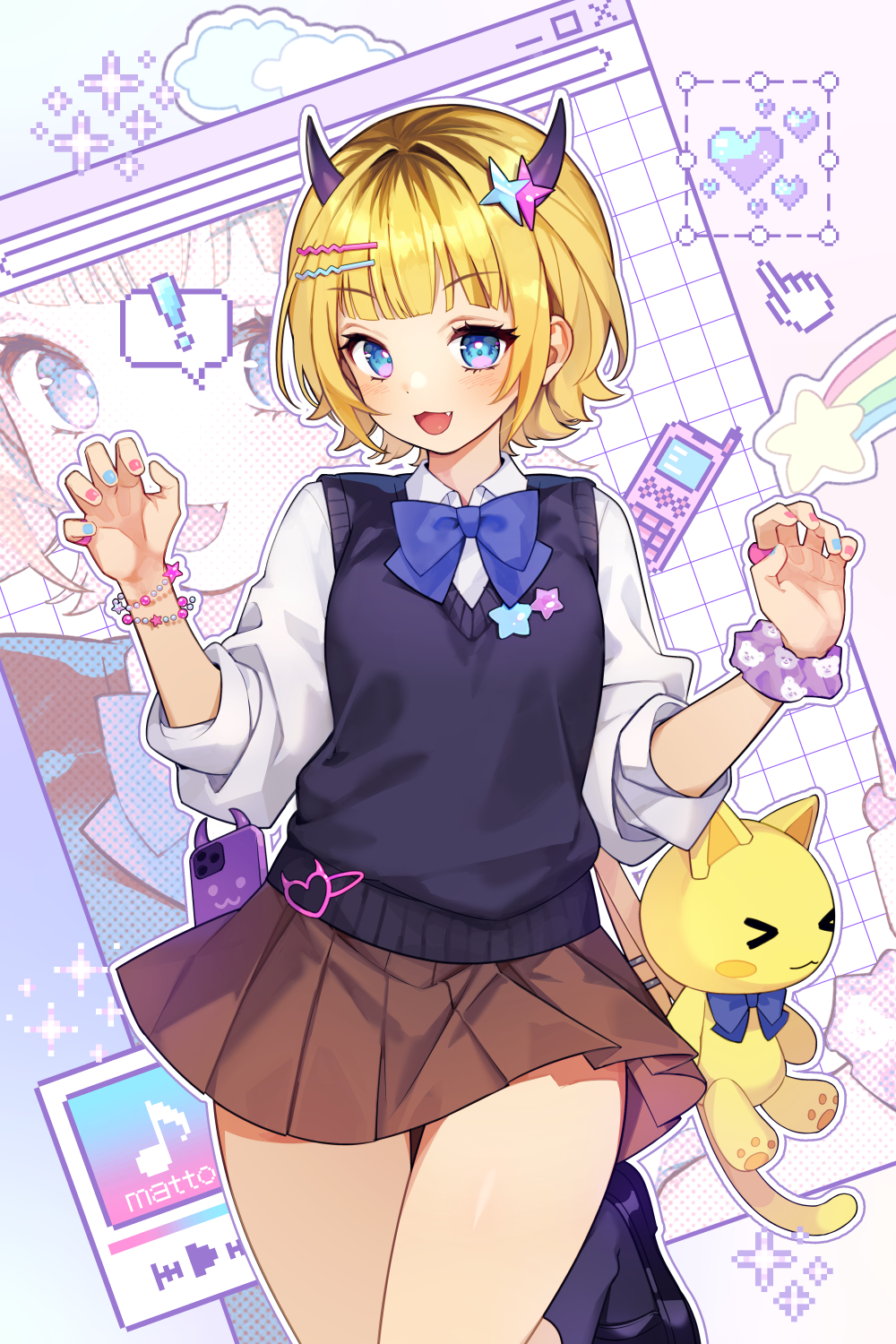 1girl, :3, black_footwear, black_socks, black_sweater_vest, blonde_hair, blue_bow, blue_bowtie, blue_eyes, blue_nails, blush, bow, bowtie, bracelet, breasts, brown_skirt, cellphone, collared_shirt, commentary, cowboy_shot, demon_horns, fake_horns, fang, hair_ornament, hairclip, hands_up, highres, horns, jewelry, kneehighs, looking_at_viewer, mattosan, memcho, miniskirt, multicolored_eyes, multicolored_nails, multiple_rings, open_mouth, oshi_no_ko, paw_pose, phone, pink_eyes, pink_nails, pleated_skirt, purple_skirt, ring, school_uniform, screentones, scrunchie, shirt, short_hair, sidelocks, skirt, sleeves_rolled_up, small_breasts, smartphone, smartphone_case, smile, socks, solo, sparkle_hair_ornament, standing, standing_on_one_leg, sweater_vest, white_shirt, wrist_scrunchie, zoom_layer