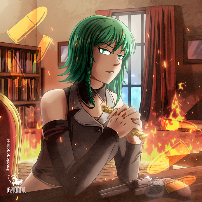 1girl, arson, bare_shoulders, bookshelf, braid, bullet, chair, collared_jacket, crop_top, curtains, desk, detached_collar, detached_sleeves, elbow_rest, embers, evillious_nendaiki, green_eyes, green_hair, grey_jacket, grey_sleeves, grim_the_end, gumi, gun, holding, holding_key, indoors, interlocked_fingers, jacket, key, looking_at_viewer, mario_gagabriel, midriff, nemesis_no_juukou_(vocaloid), nemesis_sudou, own_hands_clasped, own_hands_together, parted_lips, red_nails, revolver, short_hair, side_braid, sidelocks, sideways_glance, solo, vessel_of_sin, vocaloid, weapon, window