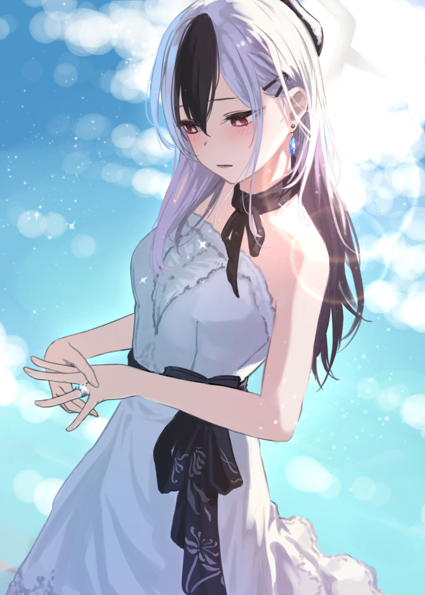 1girl, absurdres, alternate_costume, bare_arms, bare_shoulders, black_hair, blue_archive, blurry