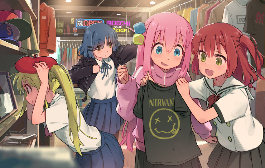 4girls, black_jacket, black_shirt, black_skirt, blonde_hair, blue_eyes, blue_hair, blush