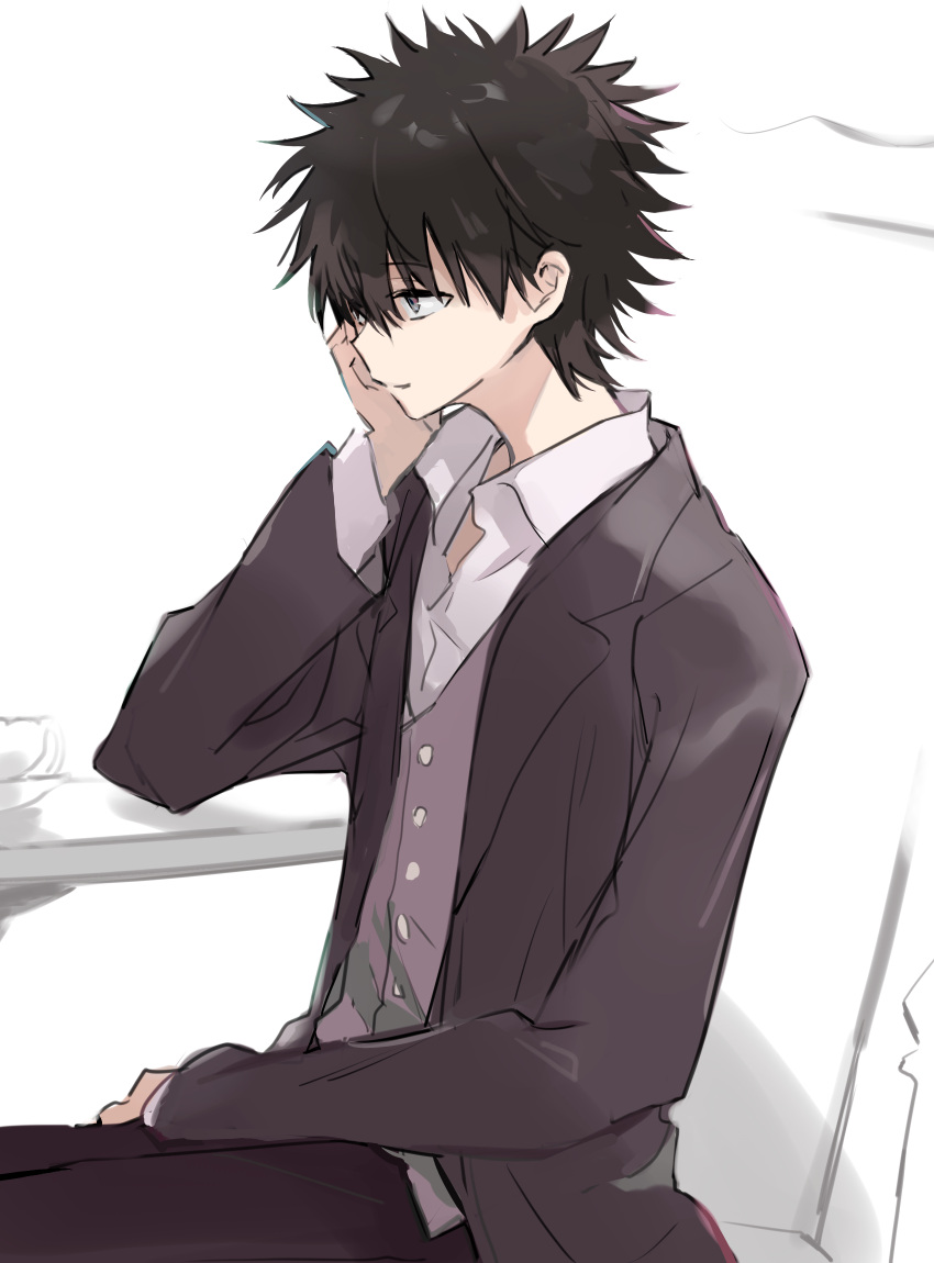 1boy, anninn_do_fu, black_eyes, black_hair, black_jacket, buttons, closed_mouth, collared_shirt, commentary_request, hand_on_own_face, hand_up, highres, jacket, kamijou_touma, lapels, long_sleeves, male_focus, notched_lapels, open_clothes, open_jacket, partial_commentary, shirt, short_hair, sitting, solo, toaru_majutsu_no_index