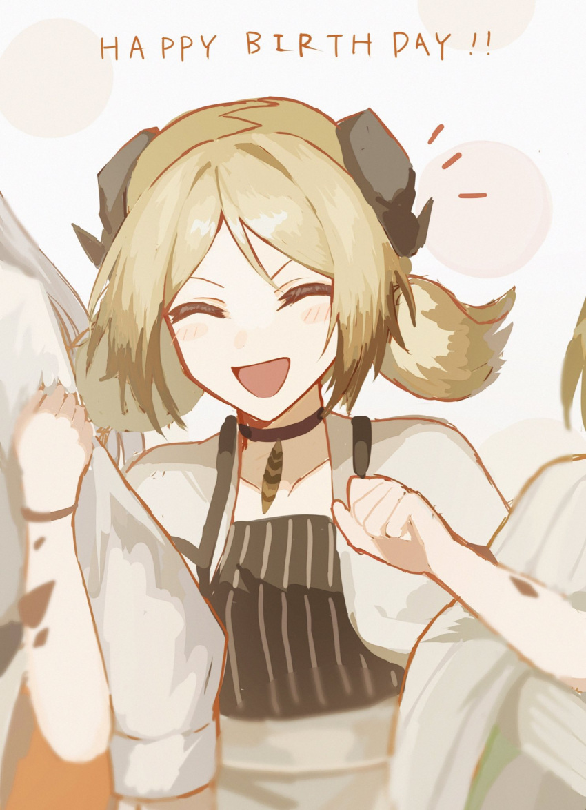 3girls, ^_^, arknights, asahi_(abc123lkb), black_choker, black_dress, blush, choker