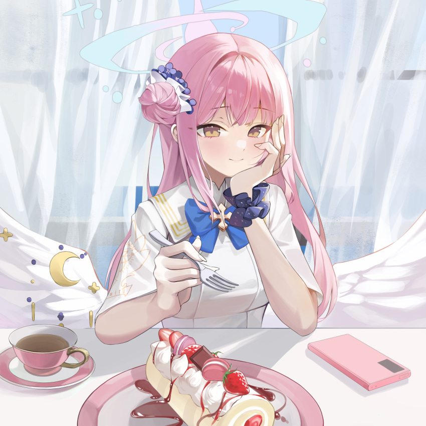 1girl, absurdres, angel_wings, blue_archive, blue_bow, blue_bowtie, bow, bowtie