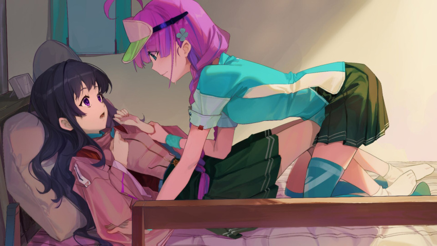 2girls, artist_request, asymmetrical_legwear, black_hair, breasts, clover_hair_ornament, couple, date_akari
