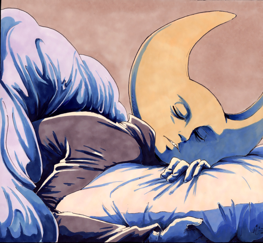 1boy, closed_eyes, colored_skin, gloves, highres, hylics, male_focus, parted_lips, pillow, shadow, sleeping, solanne-c, solo, under_covers, upper_body, wayne_(hylics), white_gloves, yellow_skin