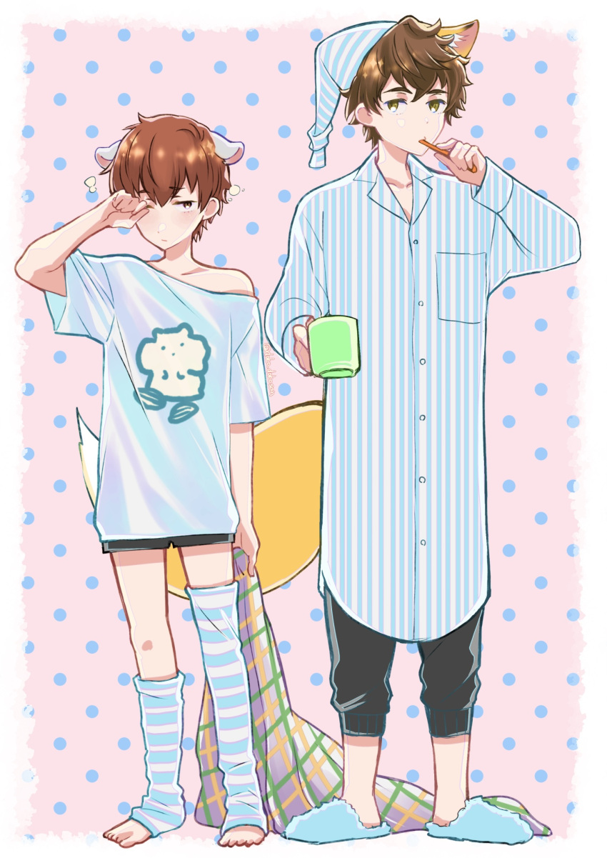 2boys, animal_ears, blanket, blue_headwear, blue_shirt, blush, brown_eyes, brown_hair