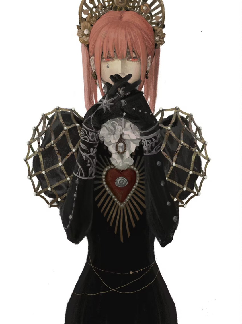 1girl, alternate_costume, black_gloves, brooch, cowboy_shot, earrings, expressionless, gloves